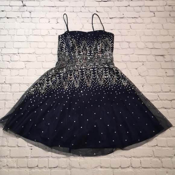 Masquerade Dark Blue Midi Dress Size 7/8 - Picture 3 of 13